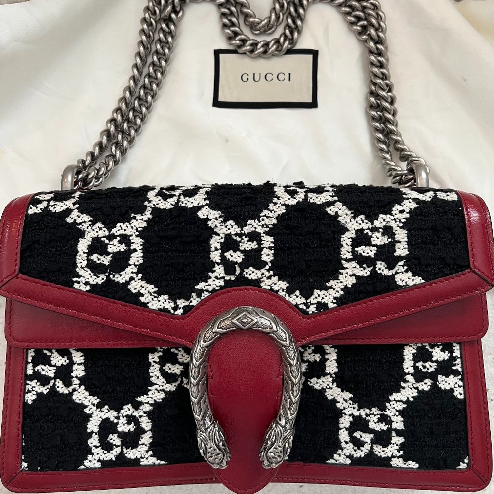 GUCCI Dionysus GG Black White Tweed Red Leather Bag Purse Limited Edition 11 x 7 - Picture 1 of 16